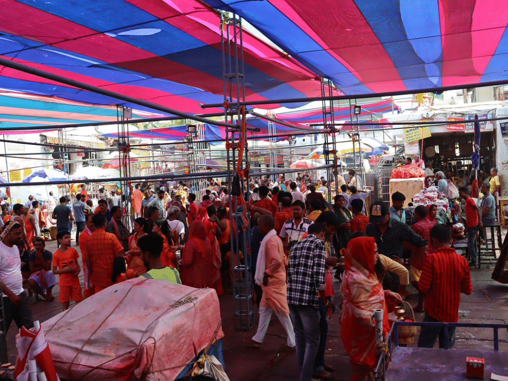 Colorful crowded market scene with locals